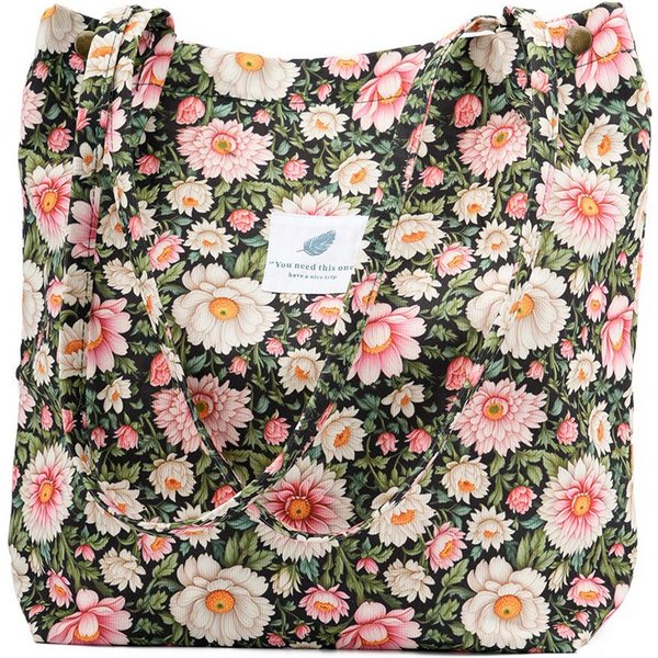 Zaewry Schultertasche Handtasche,Cord Tote, Canvas-Schultertaschen für Damen, Blümchentasche, Crossbody Mode Retro große Tasche, mit Innenfach für Arbeit,Reisen