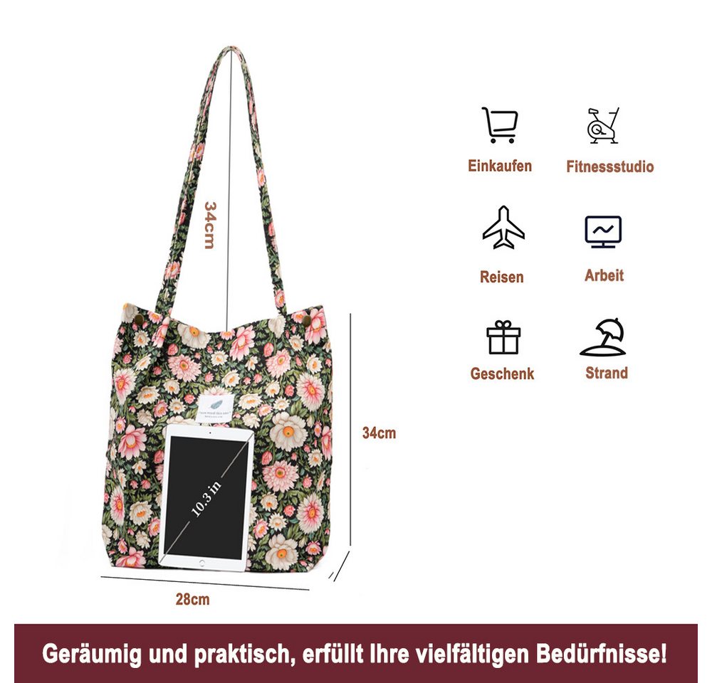 Zaewry Schultertasche Handtasche,Cord Tote, Canvas-Schultertaschen für Damen, Blümchentasche, Crossbody Mode Retro große Tasche, mit Innenfach für Arbeit,Reisen – Bild 3 von 5