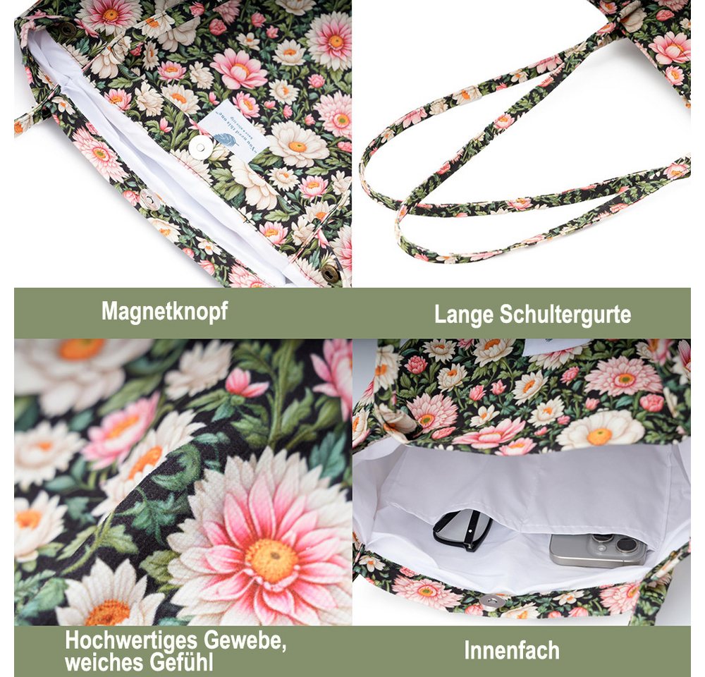 Zaewry Schultertasche Handtasche,Cord Tote, Canvas-Schultertaschen für Damen, Blümchentasche, Crossbody Mode Retro große Tasche, mit Innenfach für Arbeit,Reisen – Bild 5 von 5