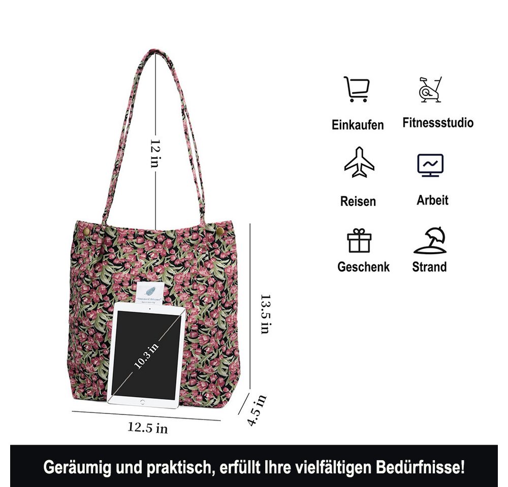 Zaewry Schultertasche Handtasche,Cord Tote, Canvas-Schultertaschen für Damen, Blümchentasche, Crossbody Mode Retro große Tasche, mit Innenfach für Arbeit,Reisen – Bild 5 von 5
