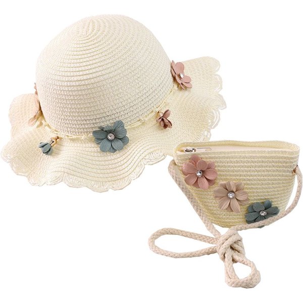 Zaewry Sonnenhut Kinder Strand Sonnenhut, Strand Sonnenhut aus Stroh und Strandtasche Geeignet für Reisen, Urlaub und Strandaktivitäten