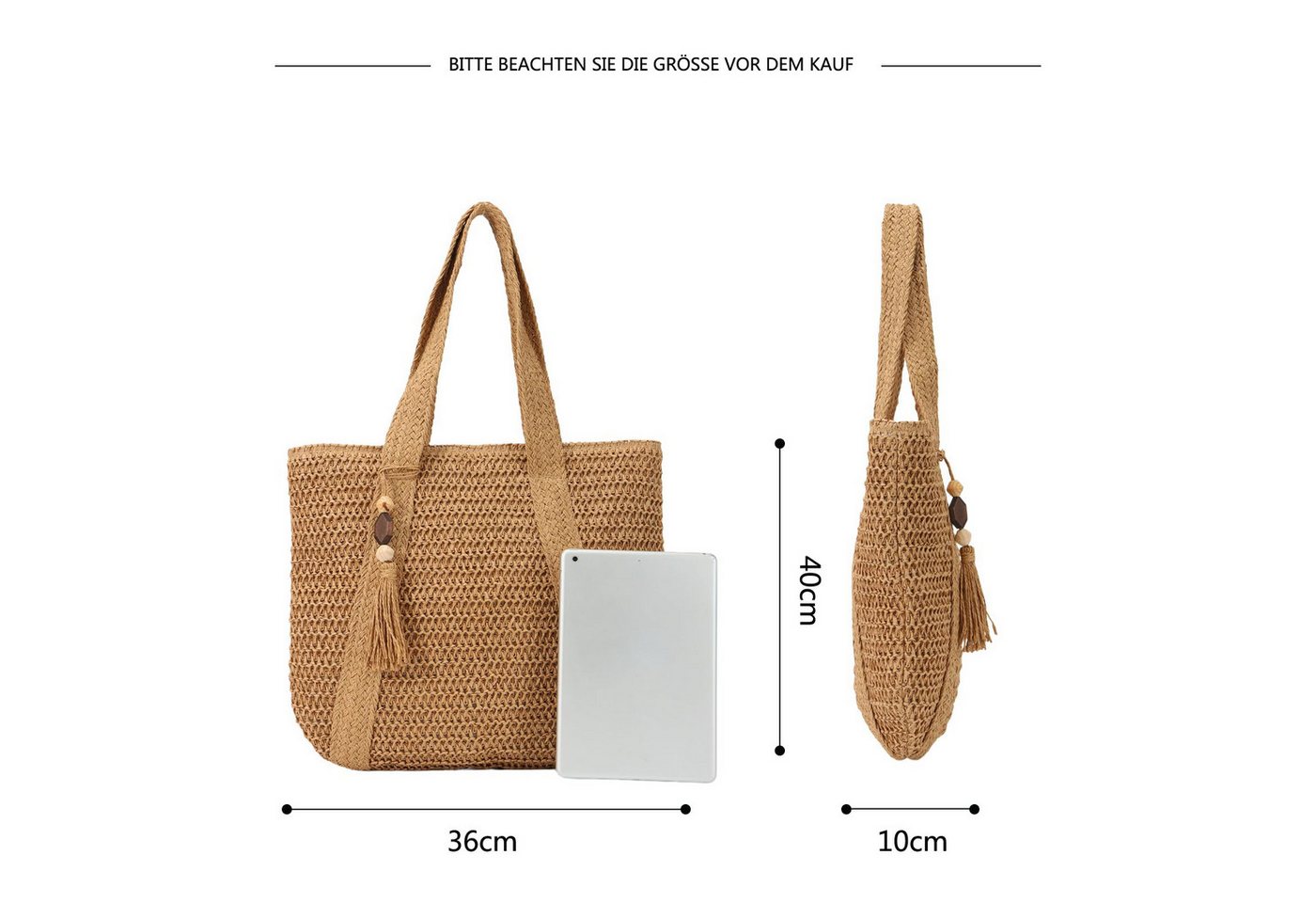 Zaewry Strandtasche Damen, Große Handtasche Damen, Leichte Schultertasche Boho, Shopper Tasche, Sommer Tasche Geflochten, Einkaufstasche Beach Bag – Bild 2 von 5