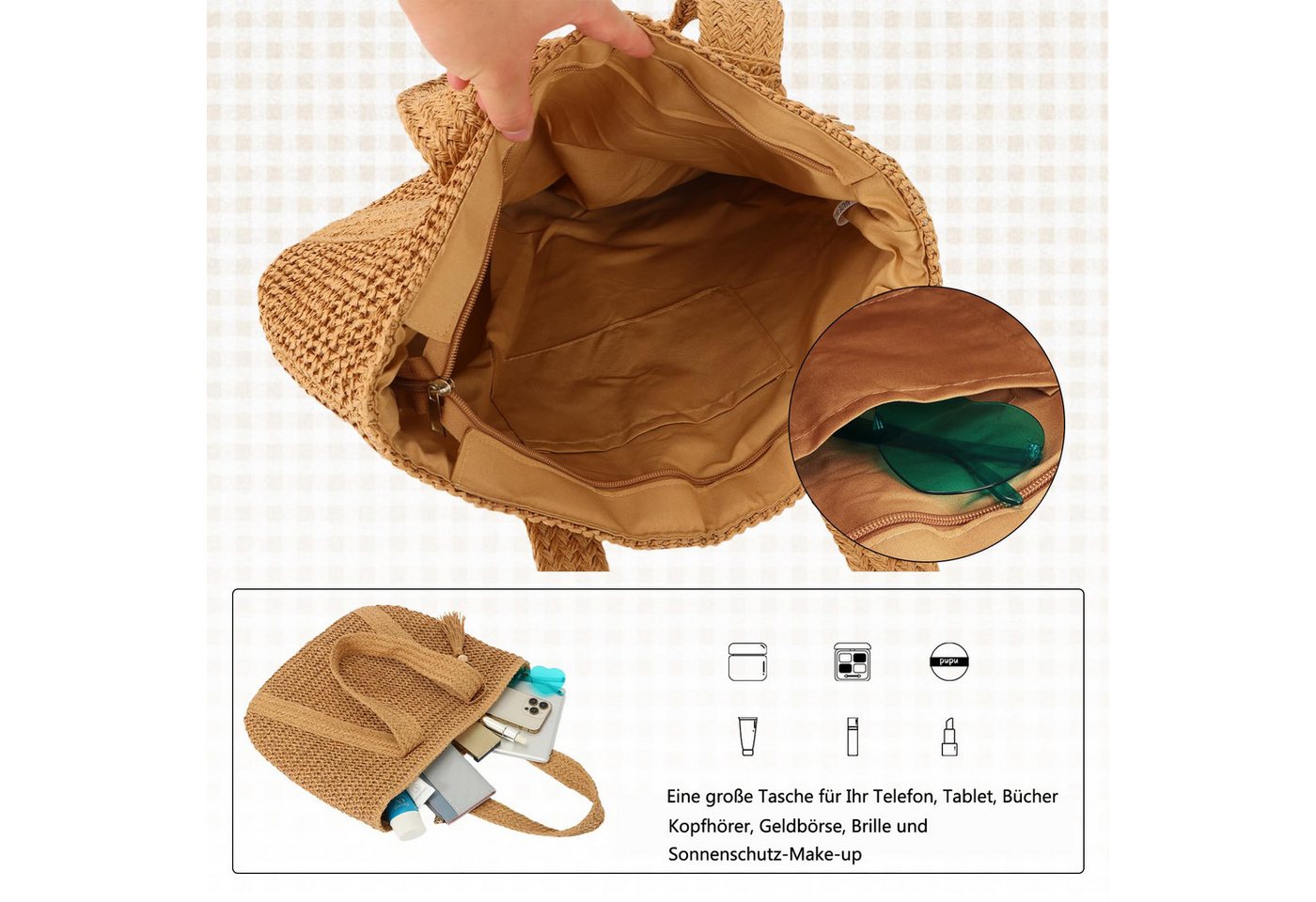 Zaewry Strandtasche Damen, Große Handtasche Damen, Leichte Schultertasche Boho, Shopper Tasche, Sommer Tasche Geflochten, Einkaufstasche Beach Bag – Bild 4 von 5