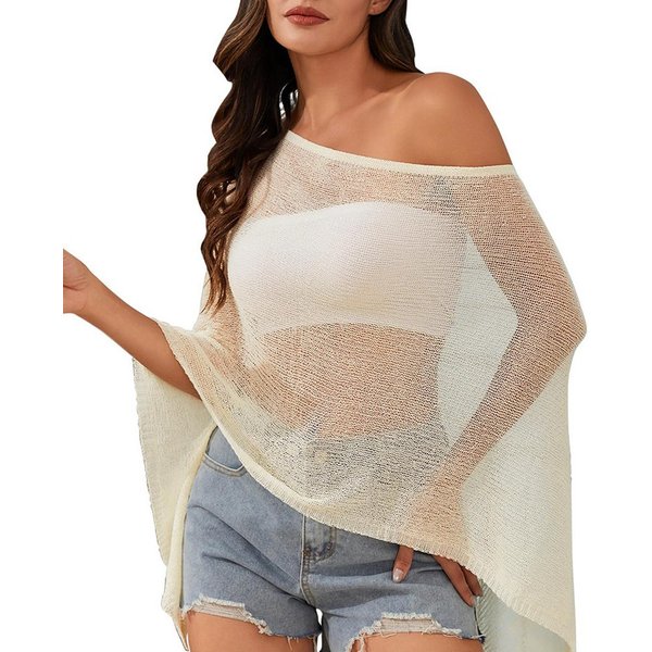 Zaewry Strandtop Luftiges Häkel-Outfit mit freien Schultern Gehäkeltes,Langarm Poncho & Strandponcho als Bade-Abdeckung für den Strand