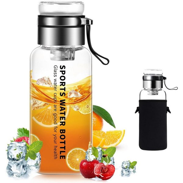 Zaewry Trinkflasche Glasflasche 1L - Wasserflasche Trinkflasche Glas mit Neoprenhülle, Glastrinkflasche mit Edelstahl-Sieb, Glasdeckel als Becher verwendbar