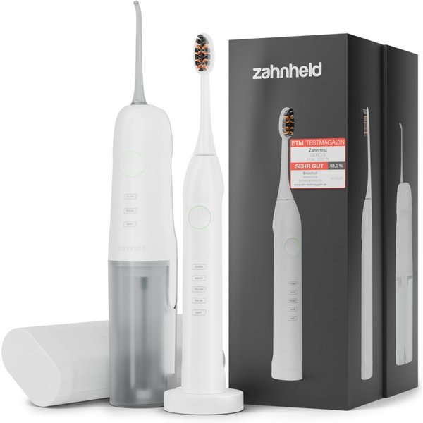 Zahnheld Elektrische Zahnbürste Schallzahnbürste Gero mit Munddusche & Etui weiß, 10 Wochen Akku, Elektrische Zahnbürste & Zahndusche, Mundpflege, Reisezahnbürs