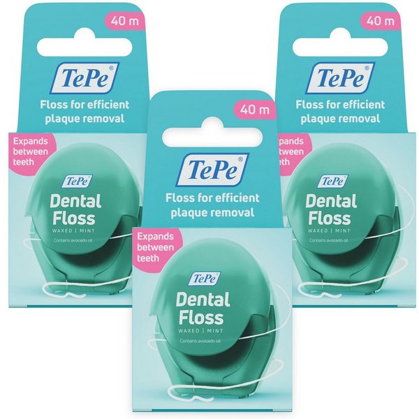 TePe Zahnseide 3er Set Tepe Dental Floss, 3x40m, (3er Set Tepe Dental Floss, Zahnseide, 3x40m, 3-St), sich ausdehnende Zahnseide mit Minzgeschmack