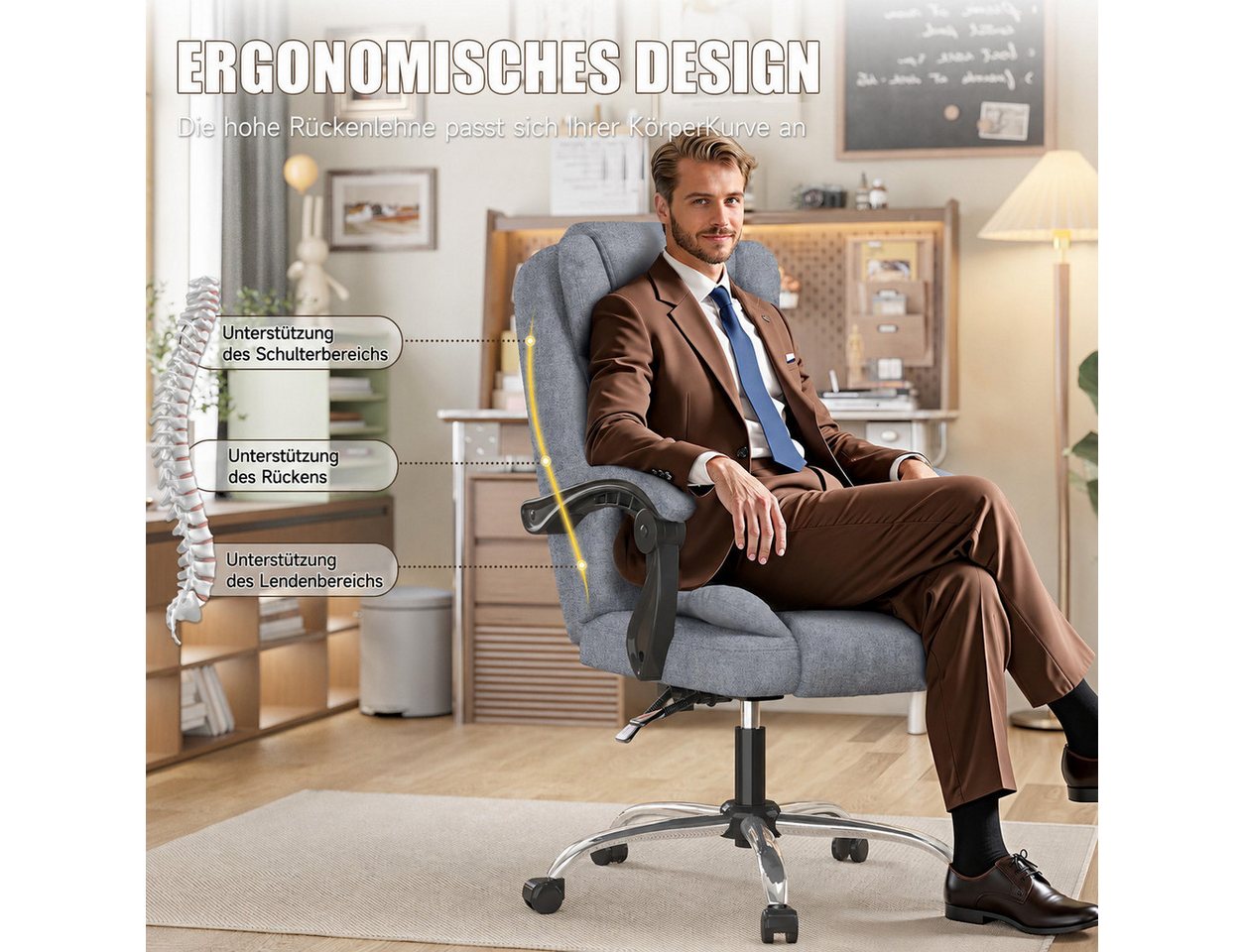 ZAISZE Chefsessel Bürostuhl, Ergonomischer Bürostuhl, Stoff Schreibtischstuhl (Hohe Rückenlehne Ergonomische Liege mit Kippfunktion 360° Drehbarer Schreibtischs – Bild 2 von 5