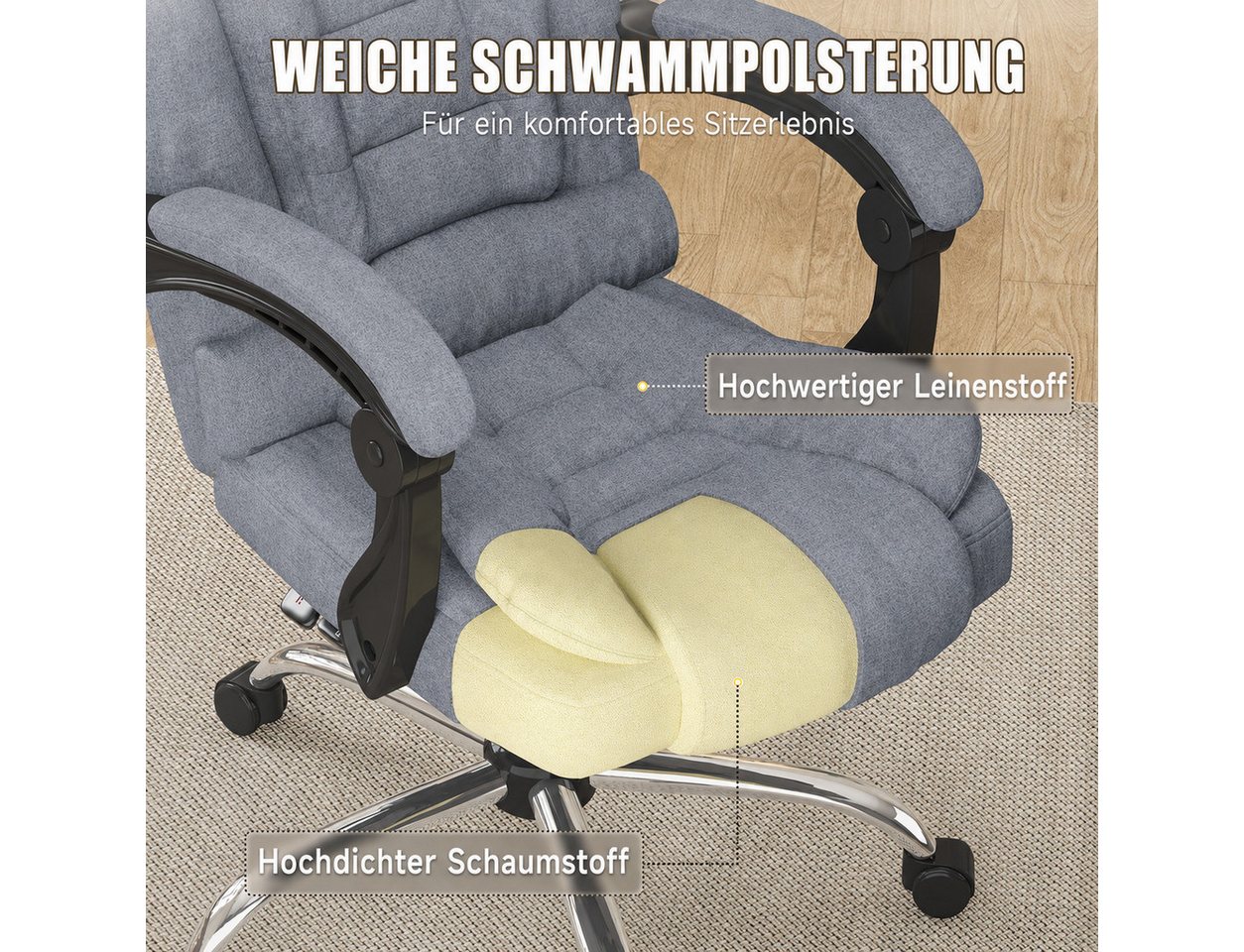 ZAISZE Chefsessel Bürostuhl, Ergonomischer Bürostuhl, Stoff Schreibtischstuhl (Hohe Rückenlehne Ergonomische Liege mit Kippfunktion 360° Drehbarer Schreibtischs – Bild 3 von 5