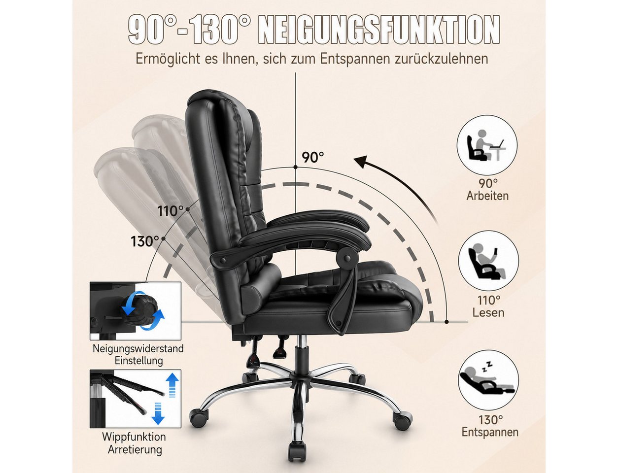 ZAISZE Chefsessel Bürostuhl, Ergonomischer Bürostuhl, Stoff Schreibtischstuhl (Hohe Rückenlehne Ergonomische Liege mit Kippfunktion 360° Drehbarer Schreibtischs – Bild 4 von 5
