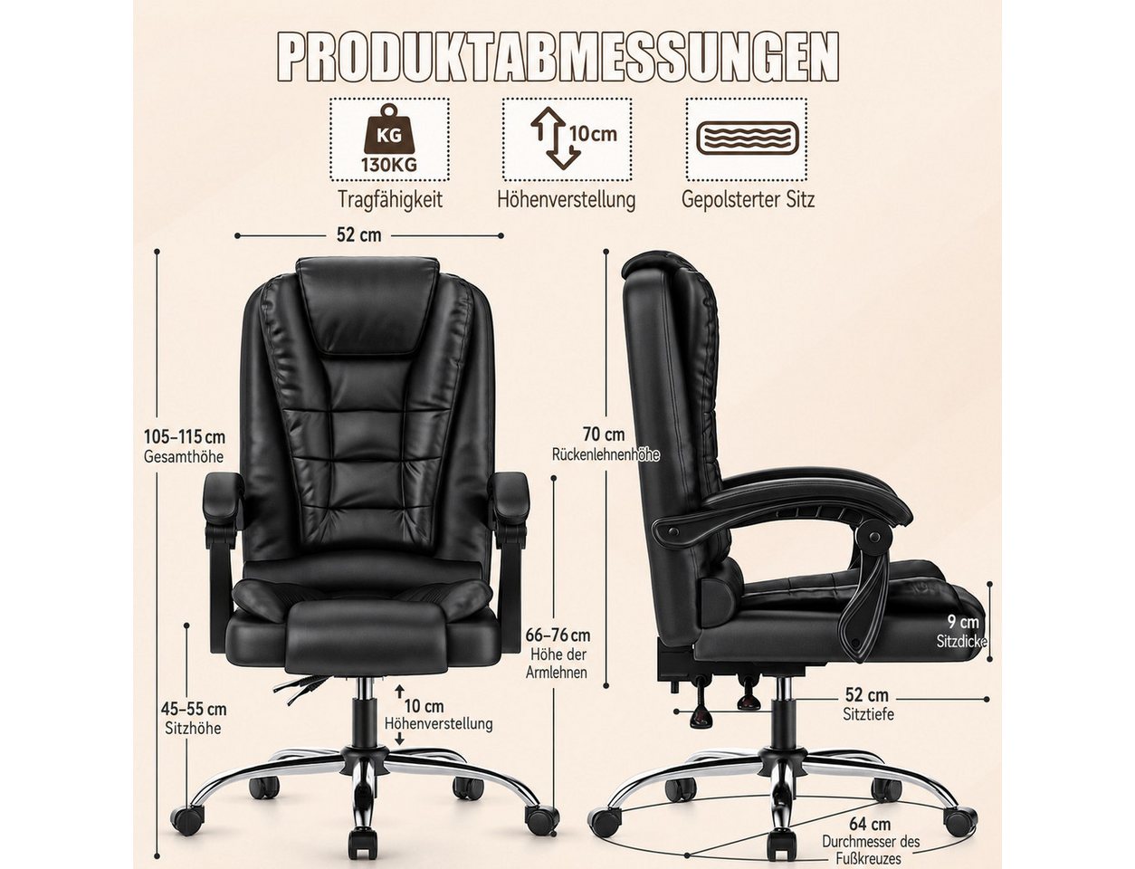 ZAISZE Chefsessel Bürostuhl, Ergonomischer Bürostuhl, Stoff Schreibtischstuhl (Hohe Rückenlehne Ergonomische Liege mit Kippfunktion 360° Drehbarer Schreibtischs – Bild 5 von 5