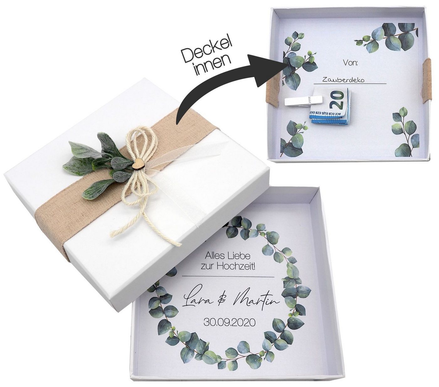 ZauberDeko Geschenkbox Geldgeschenk Verpacken MIT NAME Geschenk Hochzeit Herz Weiß Eukalyptus – Bild 2 von 5