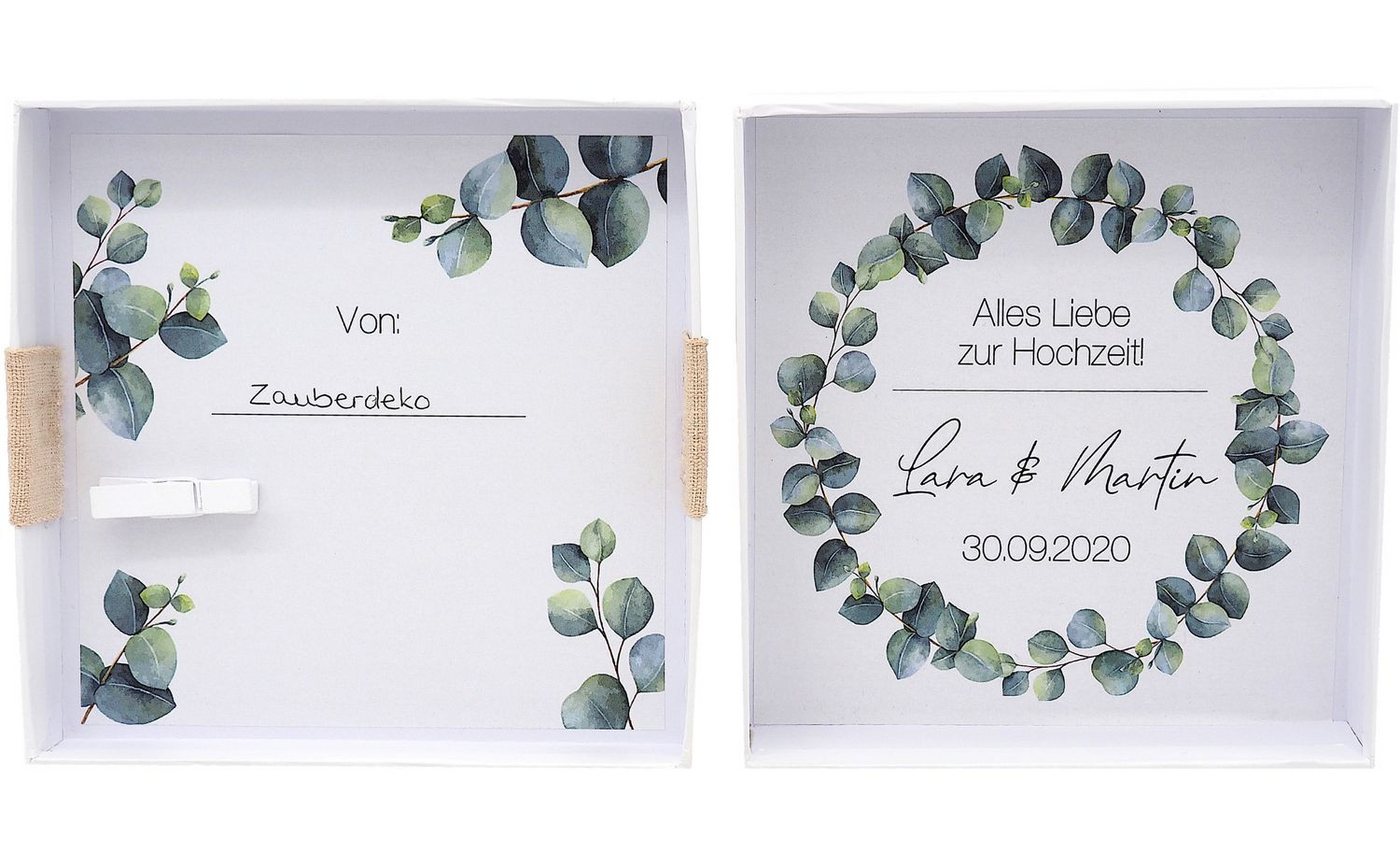ZauberDeko Geschenkbox Geldgeschenk Verpacken MIT NAME Geschenk Hochzeit Herz Weiß Eukalyptus – Bild 3 von 5