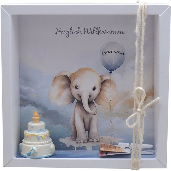 ZauberDeko Geschenkbox Taufe Geldgeschenk Verpackung MIT NAMEN Elefant Blau Geburt