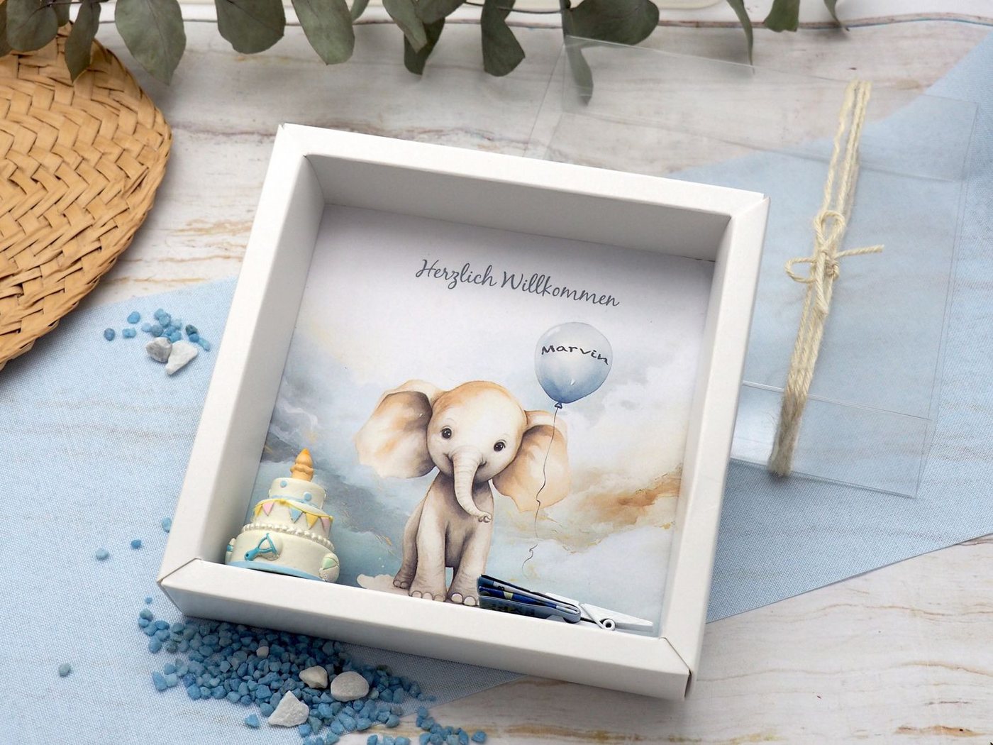 ZauberDeko Geschenkbox Taufe Geldgeschenk Verpackung MIT NAMEN Elefant Blau Geburt – Bild 2 von 5
