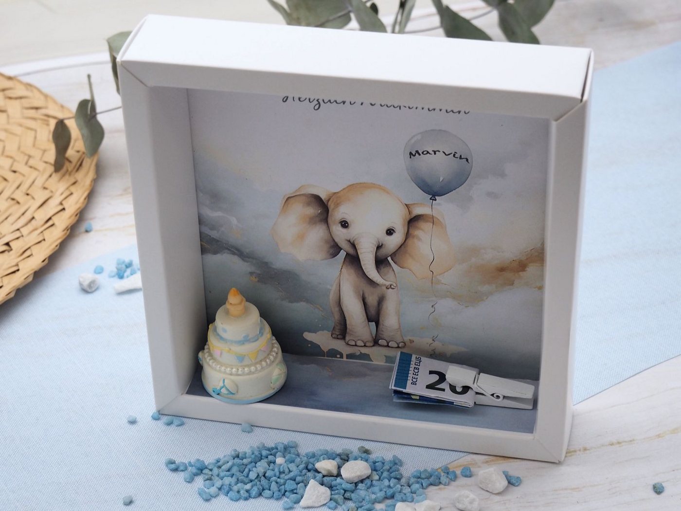 ZauberDeko Geschenkbox Taufe Geldgeschenk Verpackung MIT NAMEN Elefant Blau Geburt – Bild 3 von 5