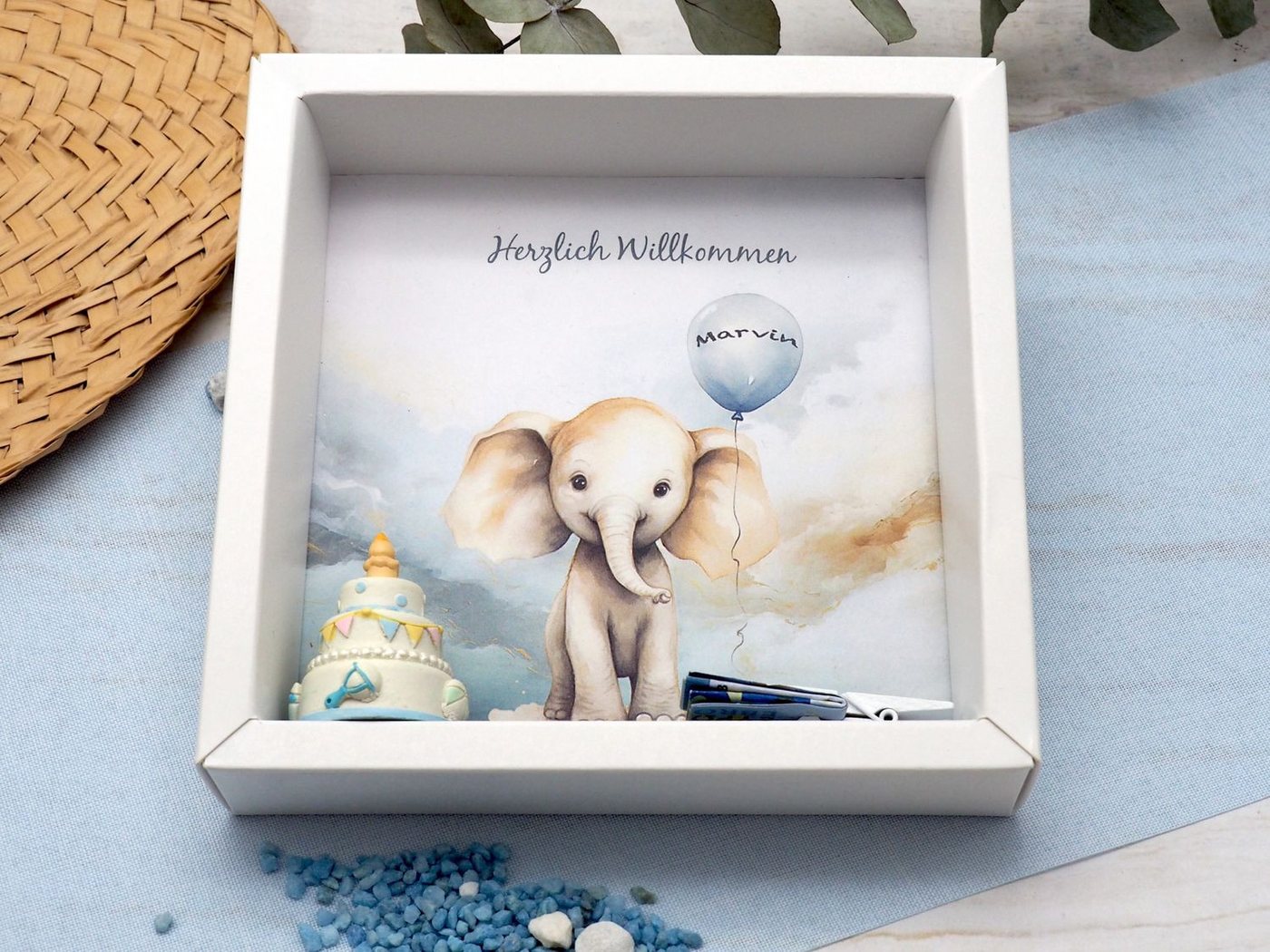 ZauberDeko Geschenkbox Taufe Geldgeschenk Verpackung MIT NAMEN Elefant Blau Geburt – Bild 4 von 5