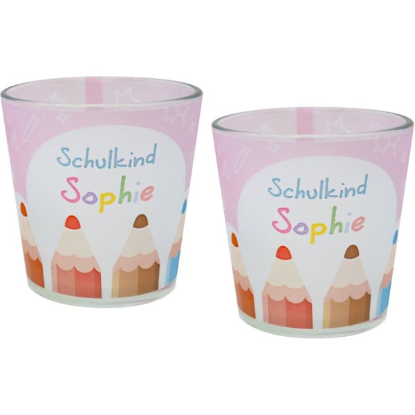 ZauberDeko Windlicht Windlicht Rosa Buntstifte Einschulung Schulbeginn MIT NAME 7,5cm Hoch