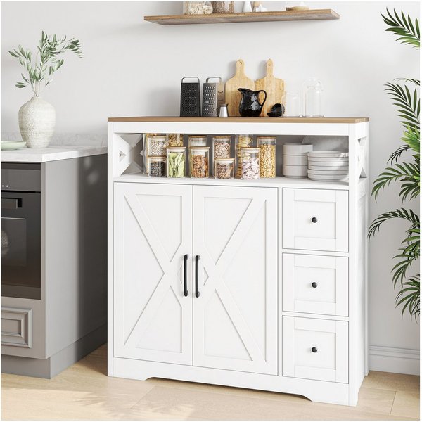 zebery Buffet Küchen Sideboard aus Holz (Set, 1-St., Küchenschrank mit 3 Schubladen und 2 Türen) Buffetschrank mit verstellbaren Ablagen für Wohnzimmer Küche Fl