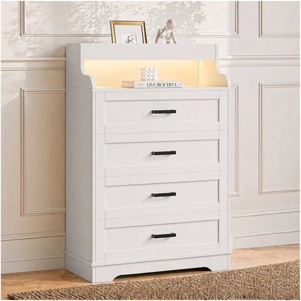 zebery Kommode mit 4 Schubladen Schubladenschrank mit LED-Beleuchtung, Schrank,Sideboard,Kommodenschrank,weiß, Holz,Metallgriff