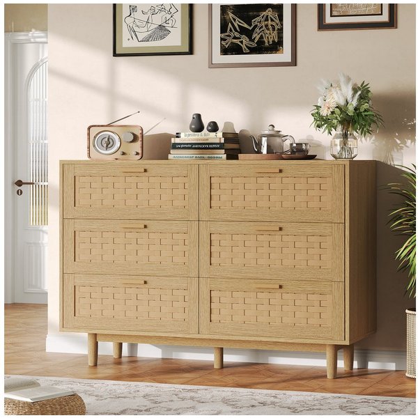 zebery Kommode mit 6 Schubladen Sideboard Schubladenschrank (Holz Schrank), Schubladenkommode,Naturholzfarbe,Gewebte Paneele