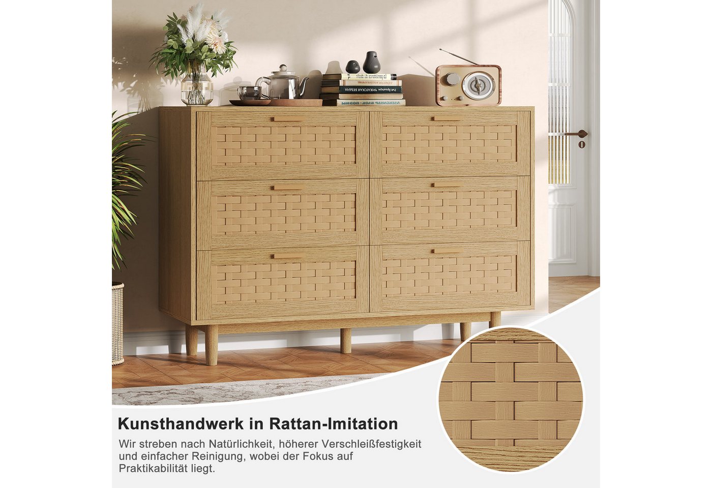 zebery Kommode mit 6 Schubladen Sideboard Schubladenschrank (Holz Schrank), Schubladenkommode,Naturholzfarbe,Gewebte Paneele – Bild 2 von 5