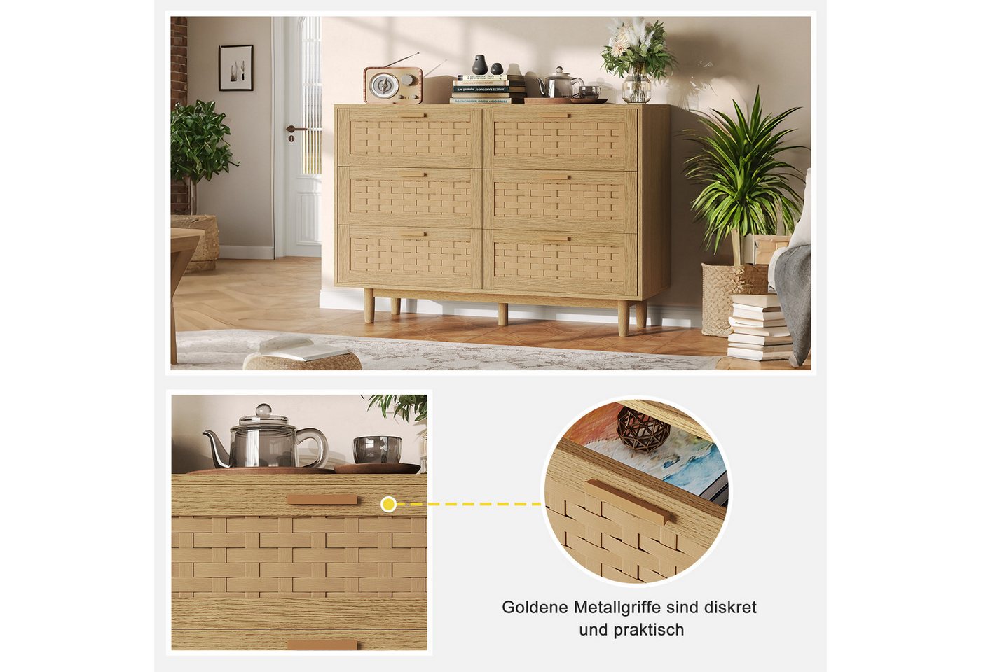zebery Kommode mit 6 Schubladen Sideboard Schubladenschrank (Holz Schrank), Schubladenkommode,Naturholzfarbe,Gewebte Paneele – Bild 3 von 5