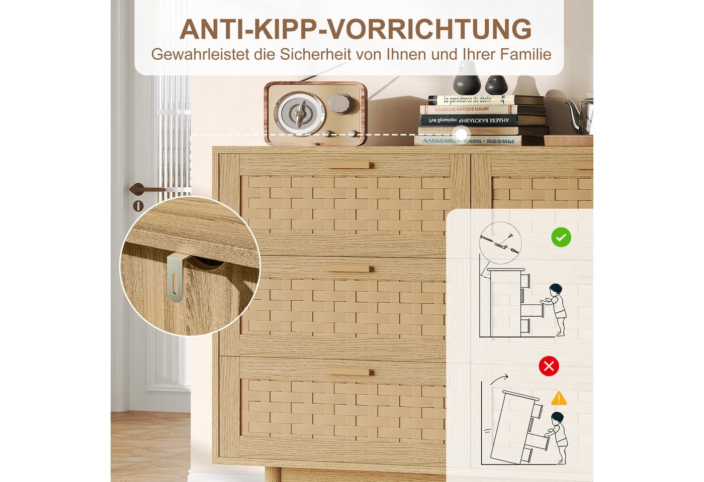 zebery Kommode mit 6 Schubladen Sideboard Schubladenschrank (Holz Schrank), Schubladenkommode,Naturholzfarbe,Gewebte Paneele – Bild 4 von 5