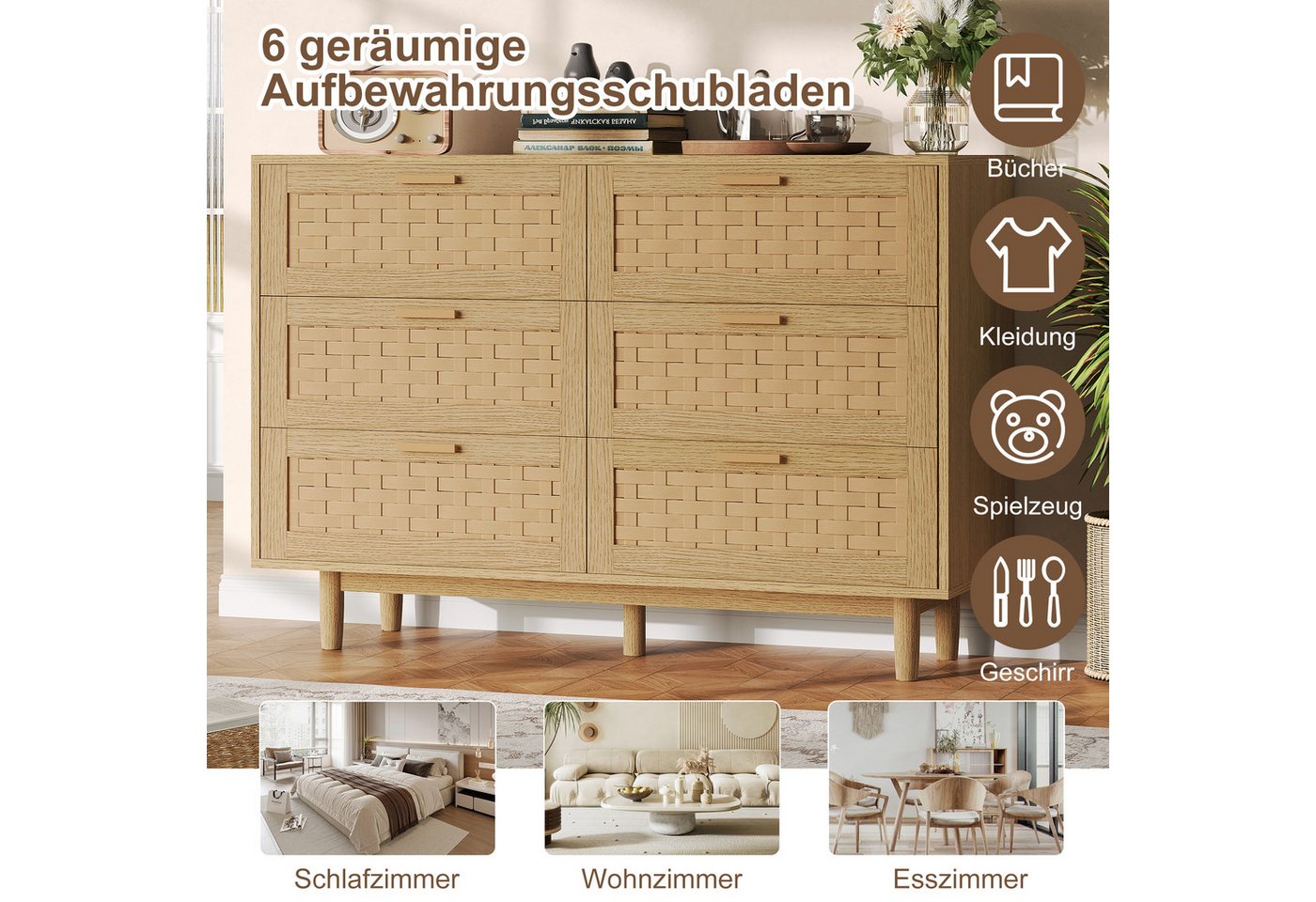zebery Kommode mit 6 Schubladen Sideboard Schubladenschrank (Holz Schrank), Schubladenkommode,Naturholzfarbe,Gewebte Paneele – Bild 5 von 5