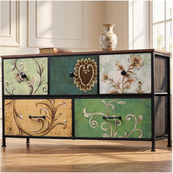 zebery Kommode Schrank Schubladenkommode (Set, 1 St., Stahl, MDF, Vliesstoff,Blumenmuster,Sideboard), 55.2 x 100 x 30 cm
