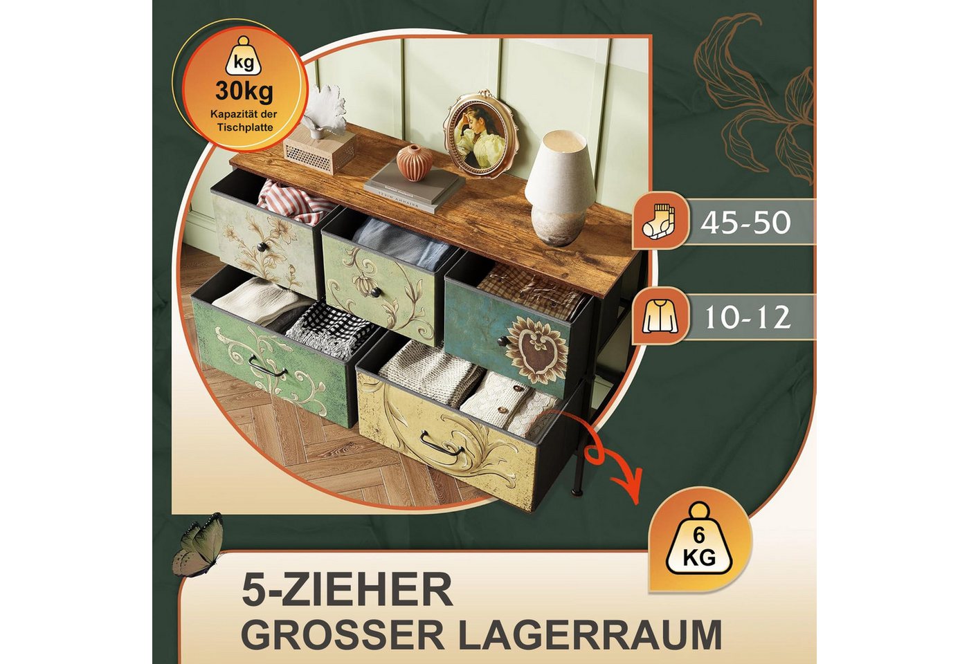 zebery Kommode Schrank Schubladenkommode (Set, 1 St., Stahl, MDF, Vliesstoff,Blumenmuster,Sideboard), 55.2 x 100 x 30 cm – Bild 3 von 5
