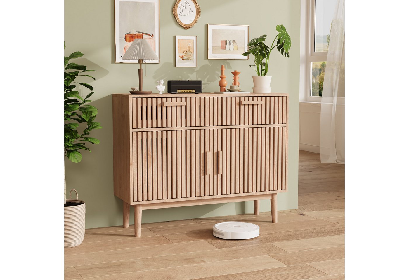 zebery Kommode Sideboard Buffetschrank aus Holz, Holzbeine (Set, 1 St., Anrichte Küchenschrank mit 2 Schubladen und 2 Türen), für Schlafzimmer, Wohnzimmer, Flur – Bild 2 von 5