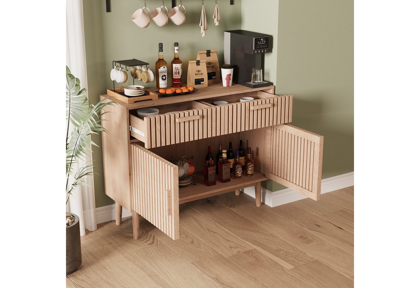 zebery Kommode Sideboard Buffetschrank aus Holz, Holzbeine (Set, 1 St., Anrichte Küchenschrank mit 2 Schubladen und 2 Türen), für Schlafzimmer, Wohnzimmer, Flur – Bild 3 von 5