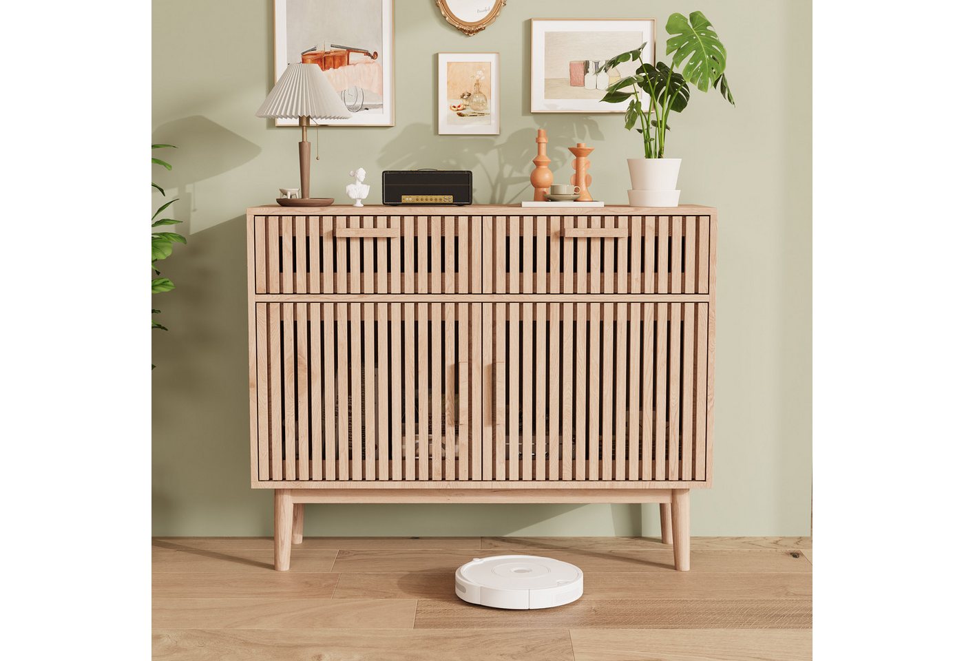 zebery Kommode Sideboard Buffetschrank aus Holz, Holzbeine (Set, 1 St., Anrichte Küchenschrank mit 2 Schubladen und 2 Türen), für Schlafzimmer, Wohnzimmer, Flur – Bild 4 von 5