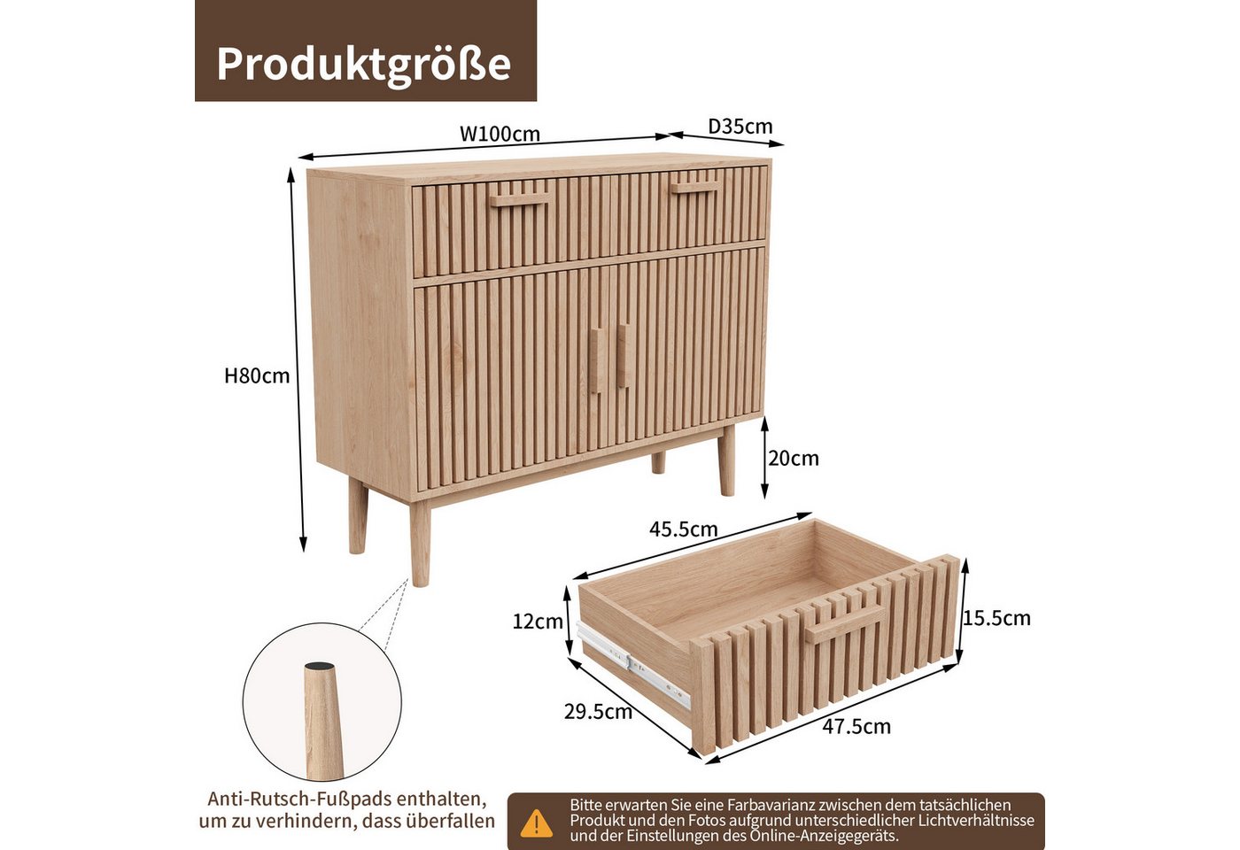 zebery Kommode Sideboard Buffetschrank aus Holz, Holzbeine (Set, 1 St., Anrichte Küchenschrank mit 2 Schubladen und 2 Türen), für Schlafzimmer, Wohnzimmer, Flur – Bild 5 von 5