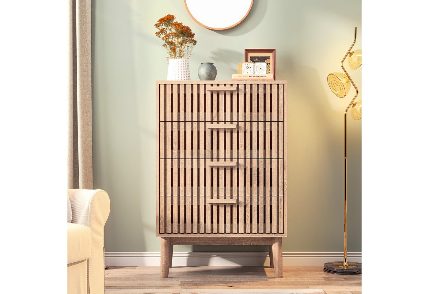 zebery Kommode Sideboard Buffetschrank aus Holz, Holzbeine (Set, 1 St., Highboard mit 4 Stauraum Schubladen), für Schlafzimmer, Wohnzimmer, Flur, 60x34x91cm, Ho – Bild 2 von 5