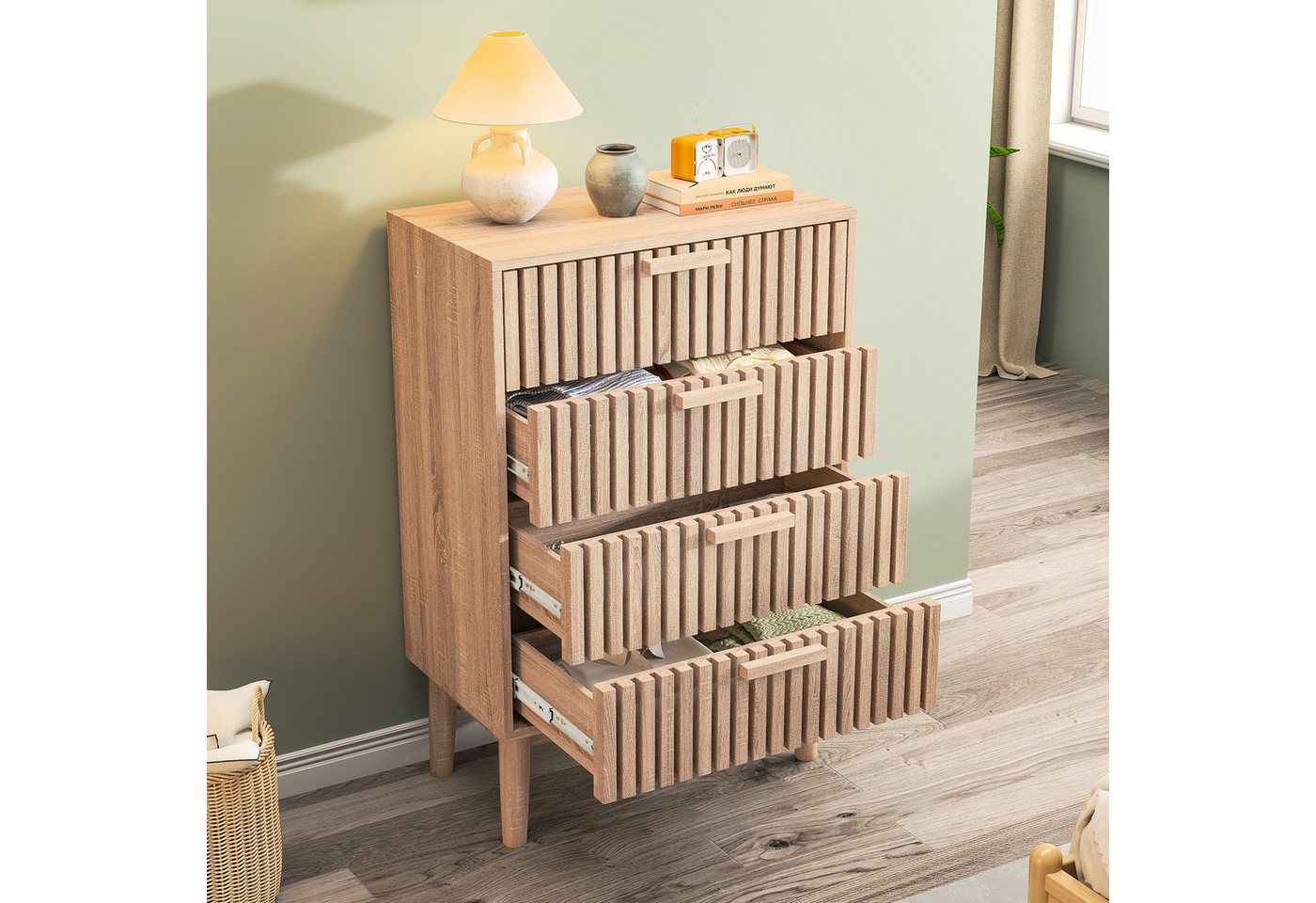 zebery Kommode Sideboard Buffetschrank aus Holz, Holzbeine (Set, 1 St., Highboard mit 4 Stauraum Schubladen), für Schlafzimmer, Wohnzimmer, Flur, 60x34x91cm, Ho – Bild 3 von 5