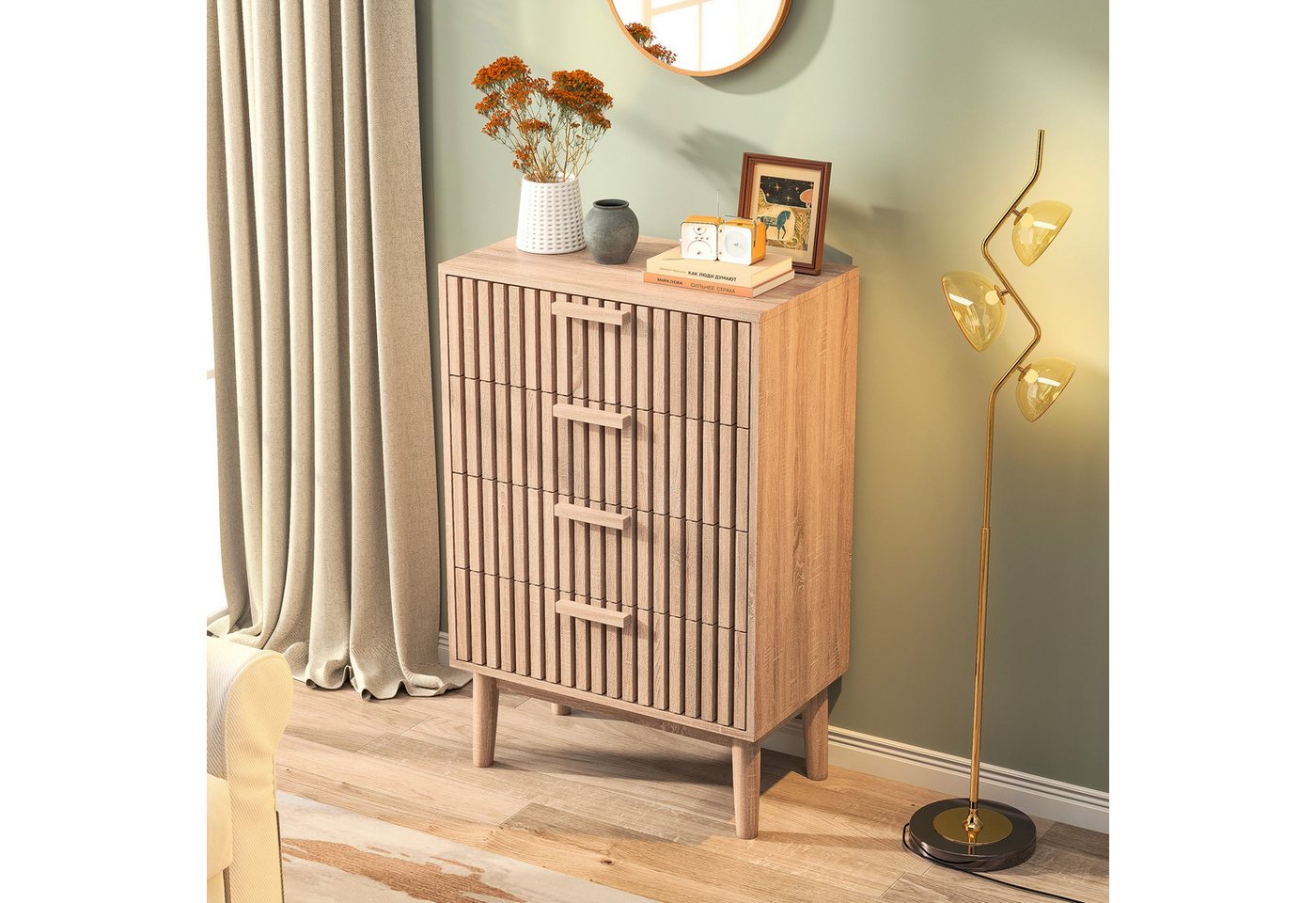 zebery Kommode Sideboard Buffetschrank aus Holz, Holzbeine (Set, 1 St., Highboard mit 4 Stauraum Schubladen), für Schlafzimmer, Wohnzimmer, Flur, 60x34x91cm, Ho – Bild 4 von 5