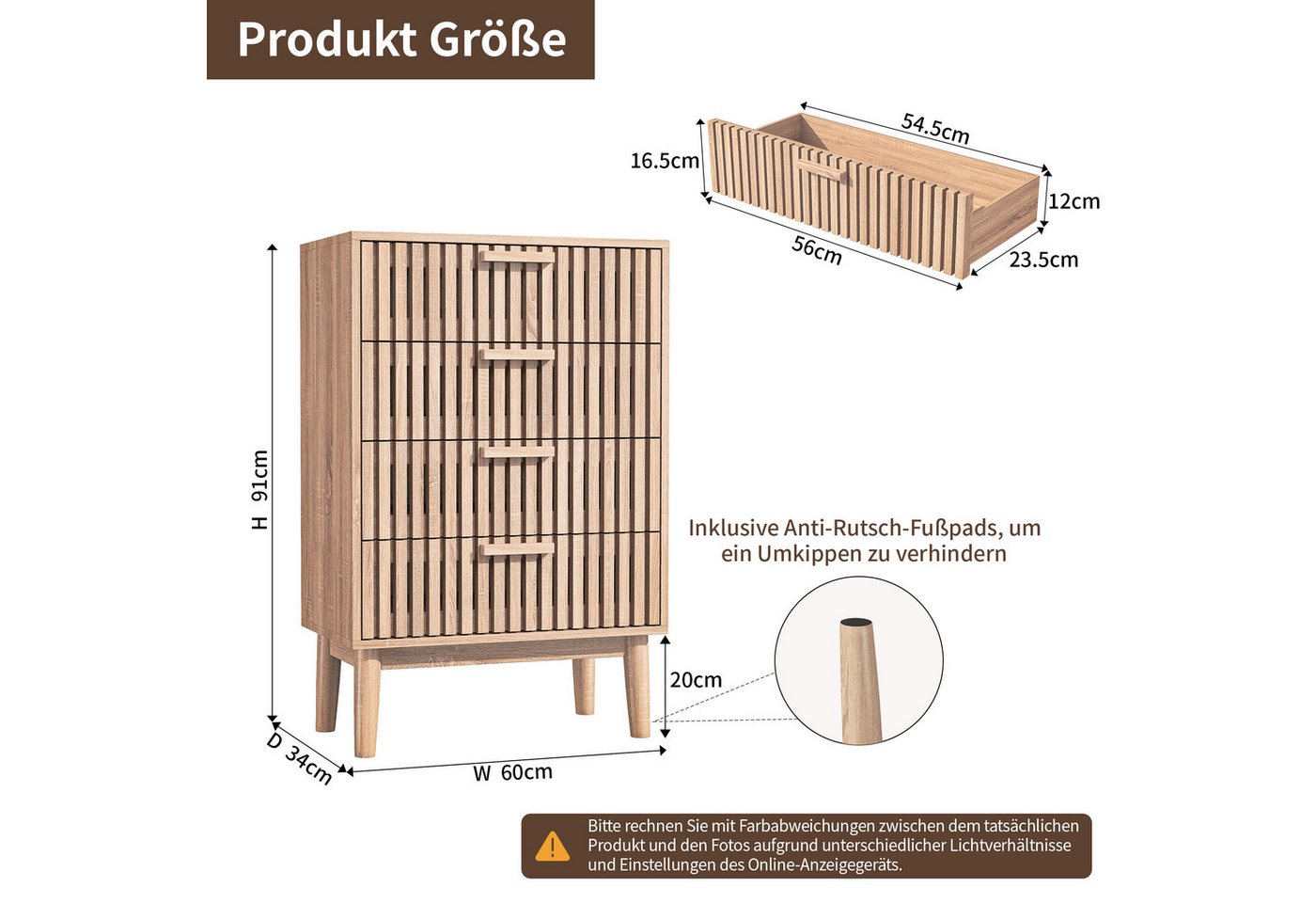 zebery Kommode Sideboard Buffetschrank aus Holz, Holzbeine (Set, 1 St., Highboard mit 4 Stauraum Schubladen), für Schlafzimmer, Wohnzimmer, Flur, 60x34x91cm, Ho – Bild 5 von 5