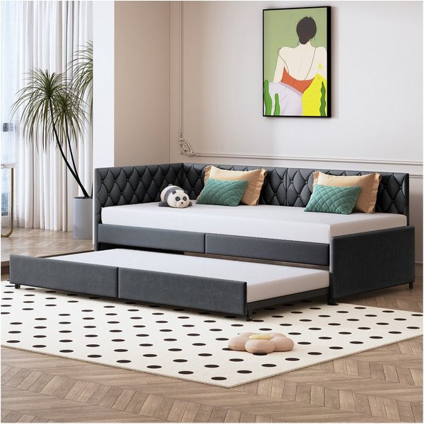 zebery Polsterbett Daybett 90x200cm,Tagesbett Schlafsofa mit Ausziehbett 90x190cm, Grau,Kinderbett mit Lattenrost, Samt