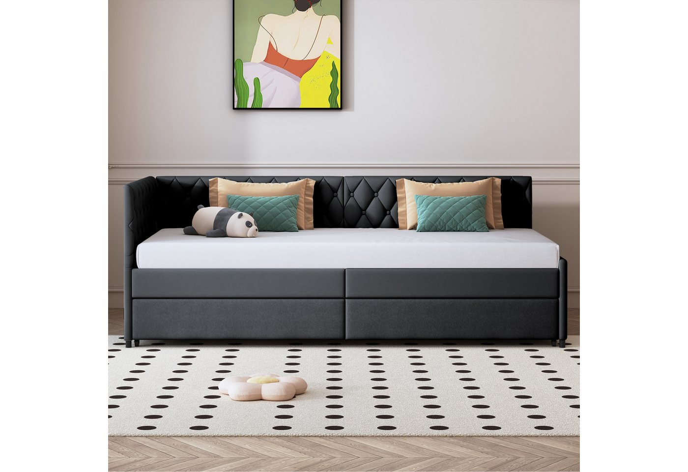 zebery Polsterbett Daybett 90x200cm,Tagesbett Schlafsofa mit Ausziehbett 90x190cm, Grau,Kinderbett mit Lattenrost, Samt – Bild 2 von 5