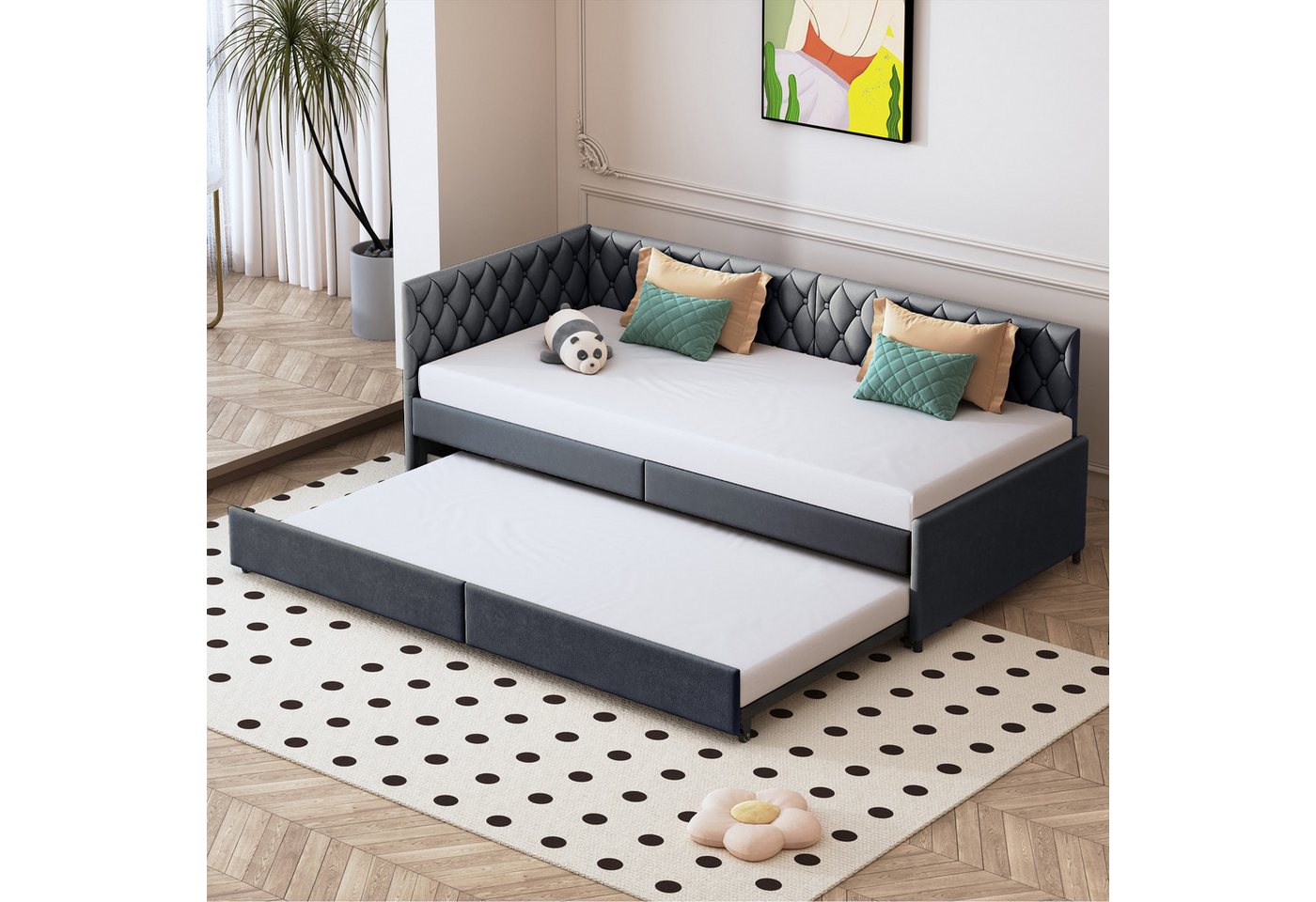 zebery Polsterbett Daybett 90x200cm,Tagesbett Schlafsofa mit Ausziehbett 90x190cm, Grau,Kinderbett mit Lattenrost, Samt – Bild 3 von 5