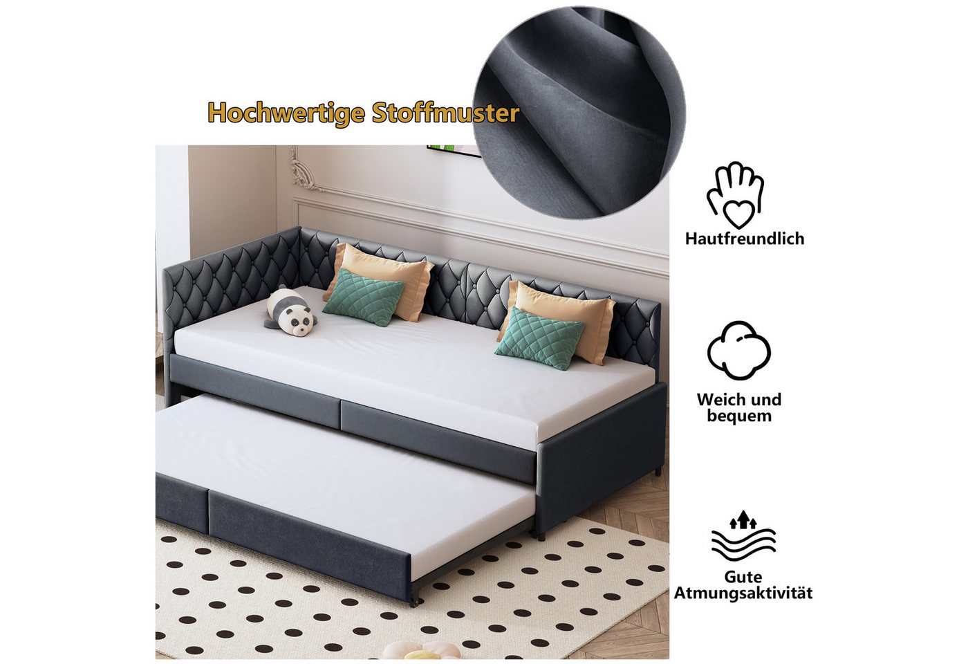 zebery Polsterbett Daybett 90x200cm,Tagesbett Schlafsofa mit Ausziehbett 90x190cm, Grau,Kinderbett mit Lattenrost, Samt – Bild 4 von 5