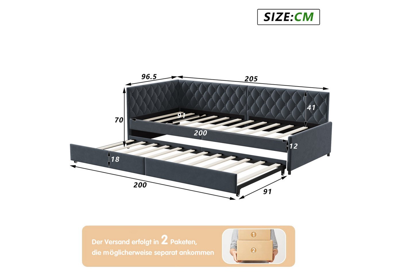 zebery Polsterbett Daybett 90x200cm,Tagesbett Schlafsofa mit Ausziehbett 90x190cm, Grau,Kinderbett mit Lattenrost, Samt – Bild 5 von 5