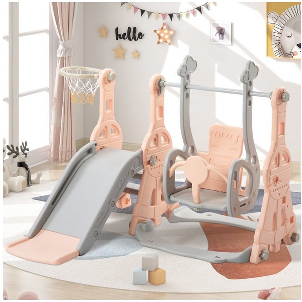 zebery Rutsche Kinderrutsche 4-in-1 Rutschen,Gartenrutsche mit Schaukel, Rosa Kleinkinderrutsche,Kletterleitern,Schaukeln, Basketballkörbe