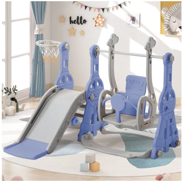 zebery Rutsche Kinderrutsche 4-in-1 Rutschen,Gartenrutsche mit Schaukel, Blau Kleinkinderrutsche,Kletterleitern,Schaukeln, Basketballkörbe