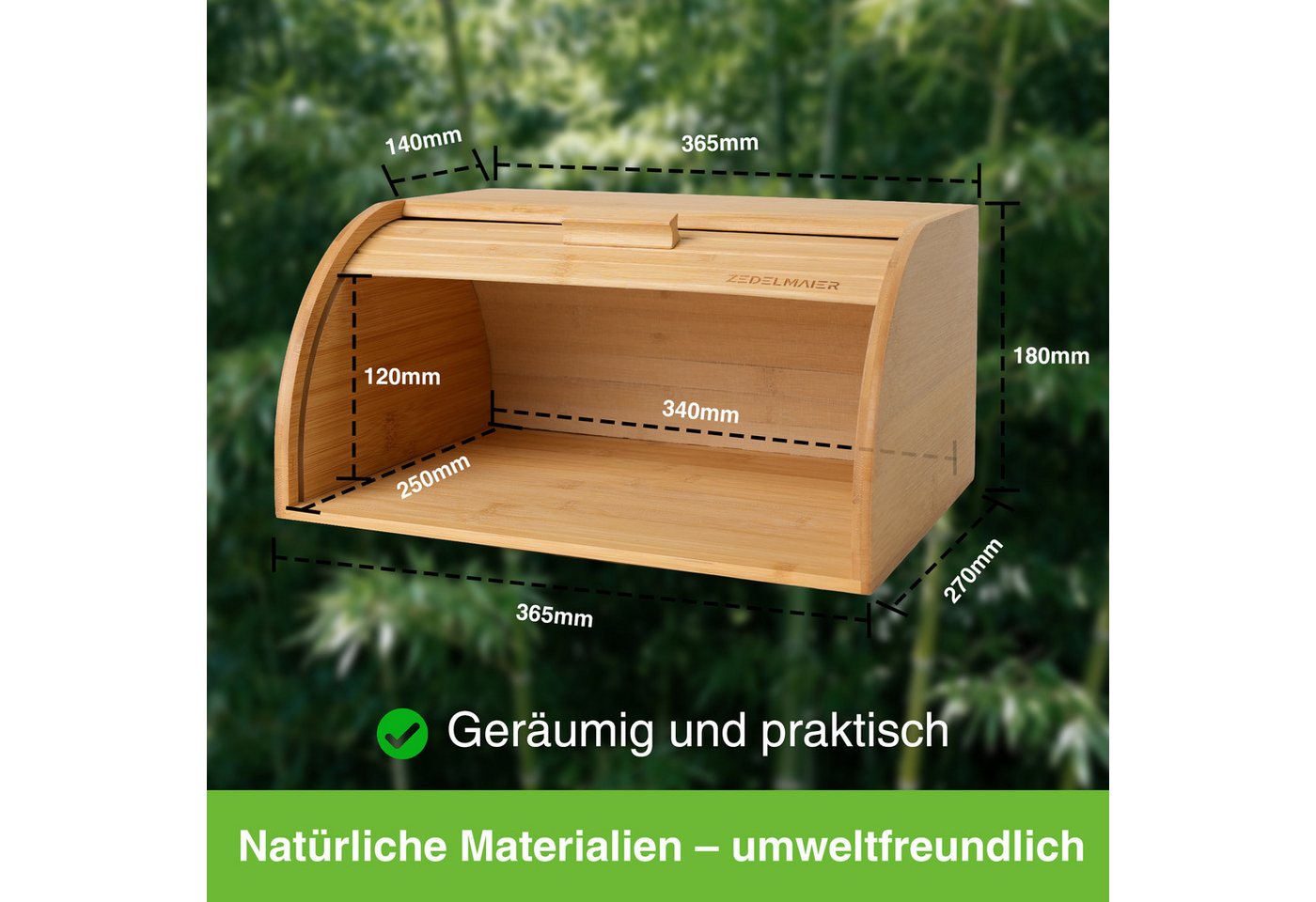 Zedelmaier Brotkasten Brotkasten Bambus mit Rolldeckel Brotbox Rollbrotkasten, (Set) – Bild 4 von 5