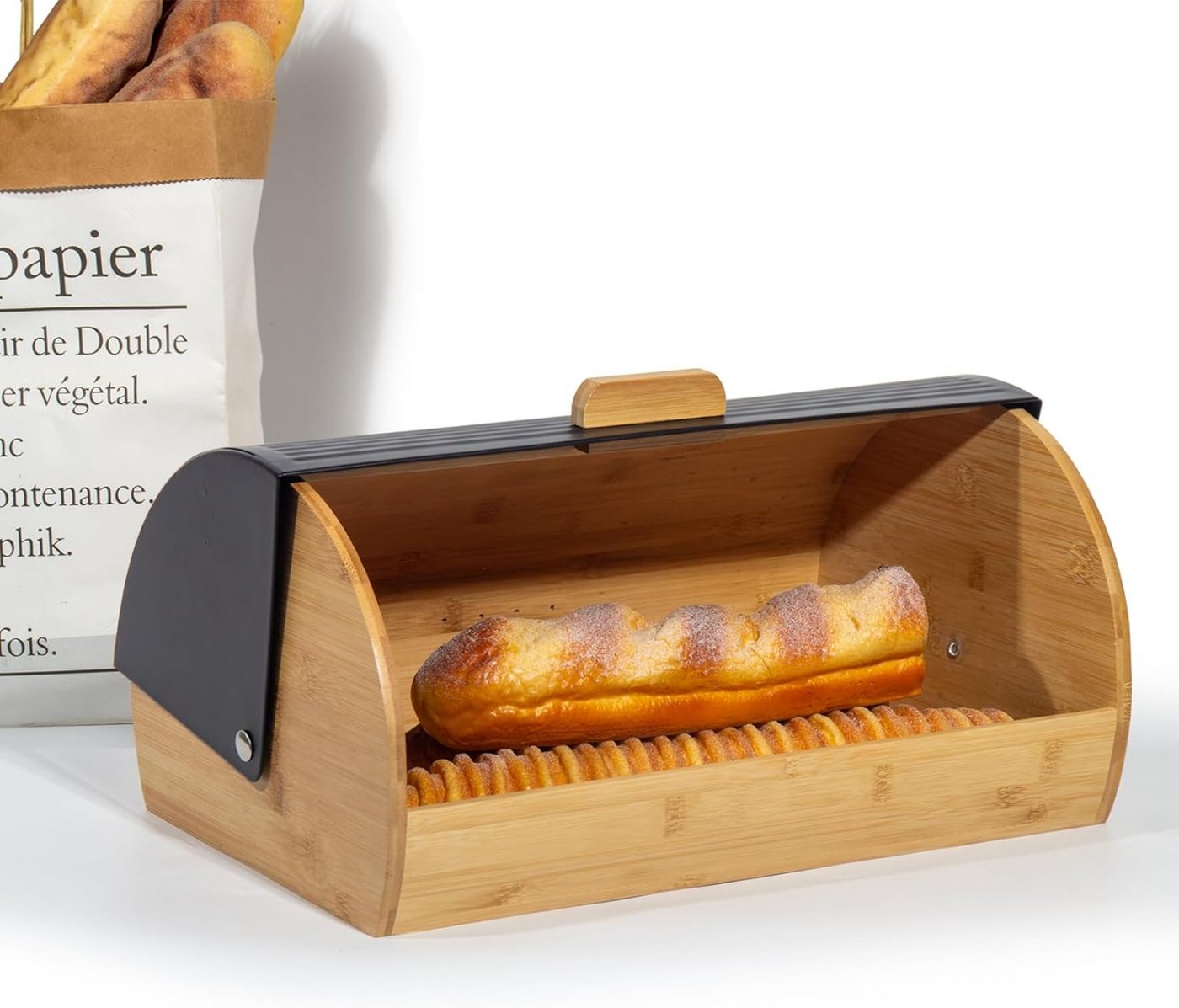 Zedelmaier Brotkasten Brotkasten Bambus mit Rolldeckel Brotbox Rollbrotkasten, (Set, 1x Brotbox mit Deckel inkl. 1x Brotbeutel) – Bild 4 von 5