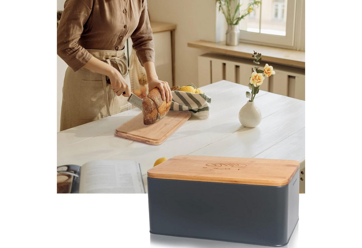Zedelmaier Brotkasten Brotkasten mit Schneidebrett,MatteBrotbox mit Holzdeckel&Leinen beutel, (MBH006), Rundum Belüftung, Brotkorb für langanhaltende Frische 33 – Bild 3 von 4