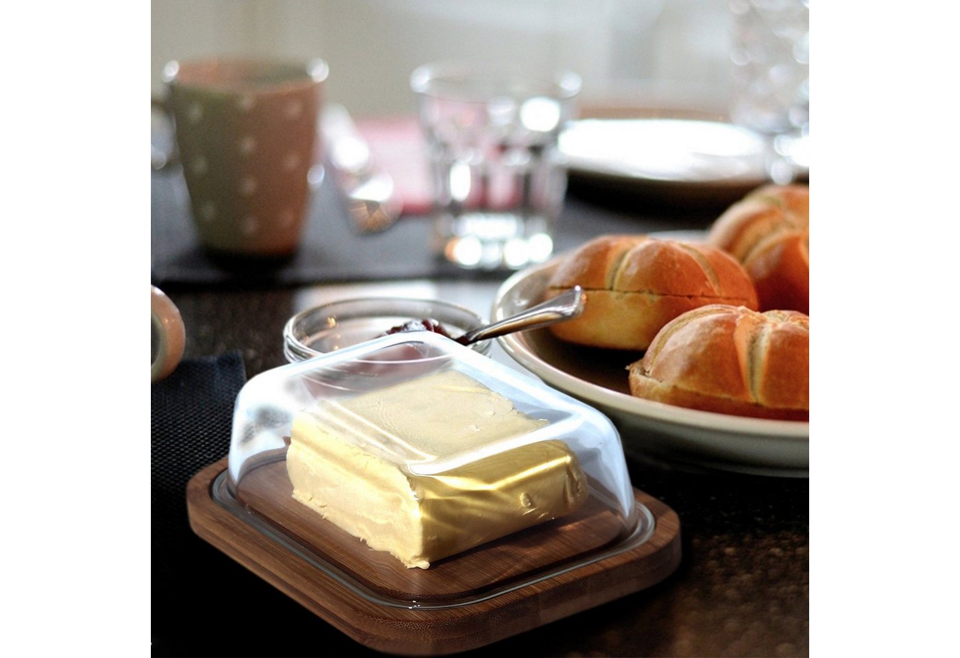 Zedelmaier Butterdose Butterdose,Butterglocke für 250g Butter,mit nachhaltigem holzdeckel, (Packung, HYH001&4), Butterdose aus Boraxglas & Naturdeckel aus runde – Bild 3 von 5